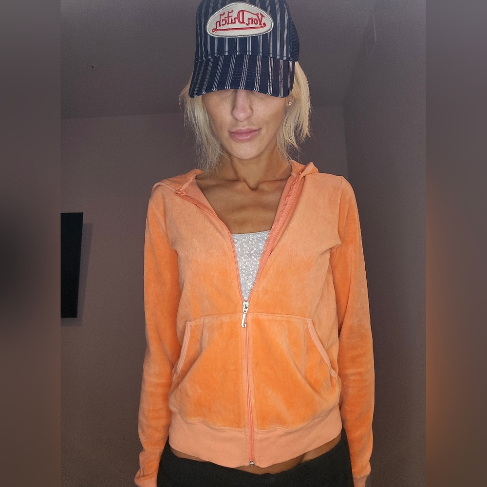 Vintage Juicy Couture Sherbet Orange Velour Hoodie ( Gold and blue lettering on)